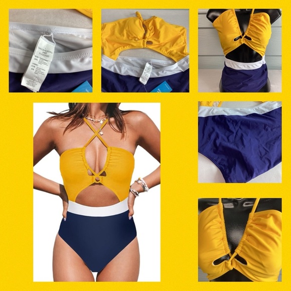 Yellow, white and blue one piece swimsuit. - Picture 2 of 10